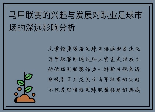 马甲联赛的兴起与发展对职业足球市场的深远影响分析
